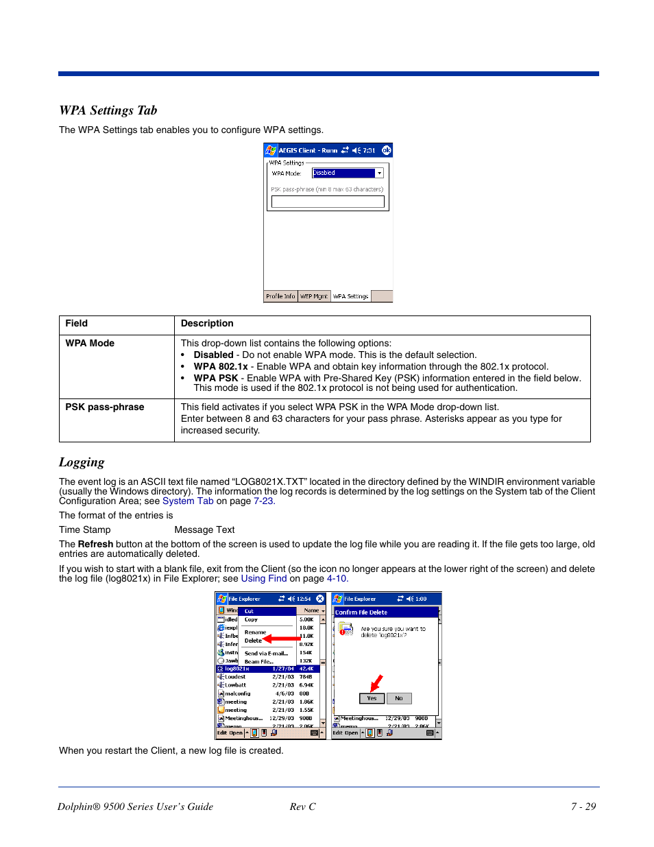 Logging, Logging -29, Wpa settings tab | Dolphin Peripherals 9500 User Manual | Page 129 / 264