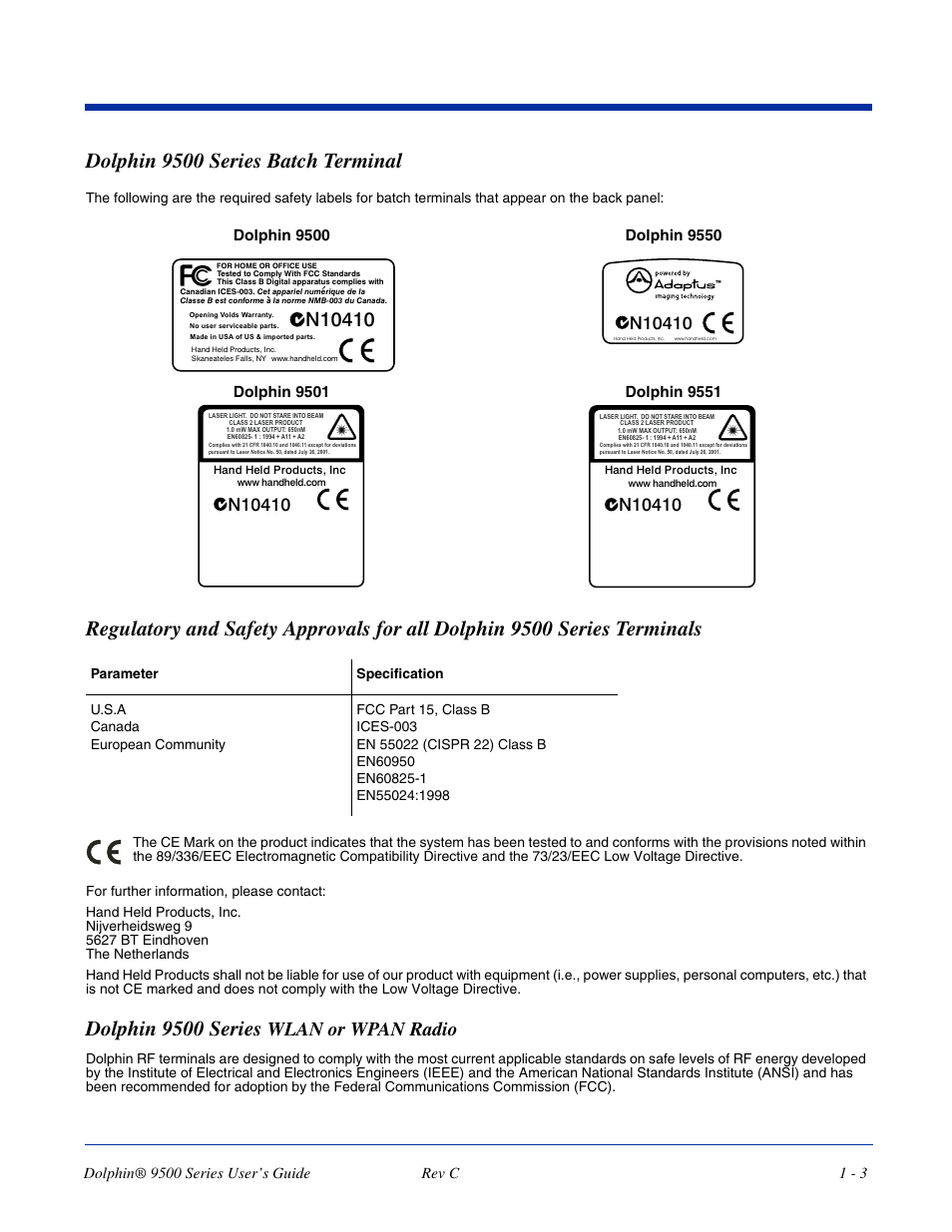 Dolphin 9500 series batch terminal, Dolphin 9500 series, Wlan or wpan radio | Dolphin Peripherals 9500 User Manual | Page 13 / 264