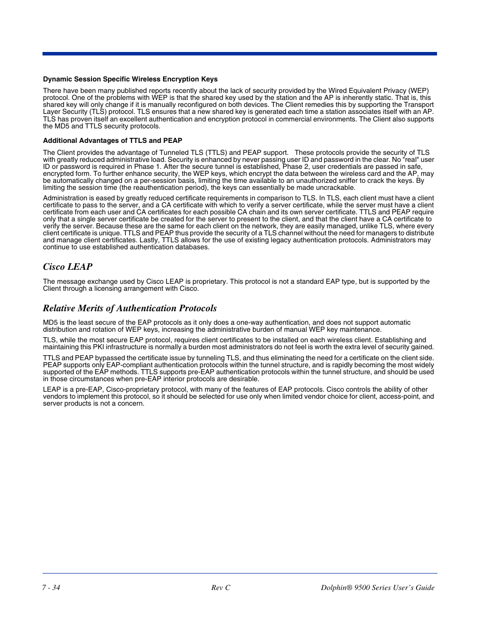 Cisco leap, Relative merits of authentication protocols | Dolphin Peripherals 9500 User Manual | Page 134 / 264
