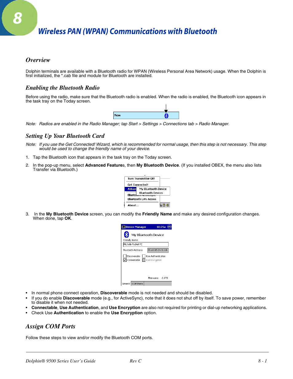 Wireless pan (wpan) communications with bluetooth, Overview, Enabling the bluetooth radio | Setting up your bluetooth card, Assign com ports, Overview -1, Assign com ports -1, For more information about bluetooth radios, see | Dolphin Peripherals 9500 User Manual | Page 137 / 264