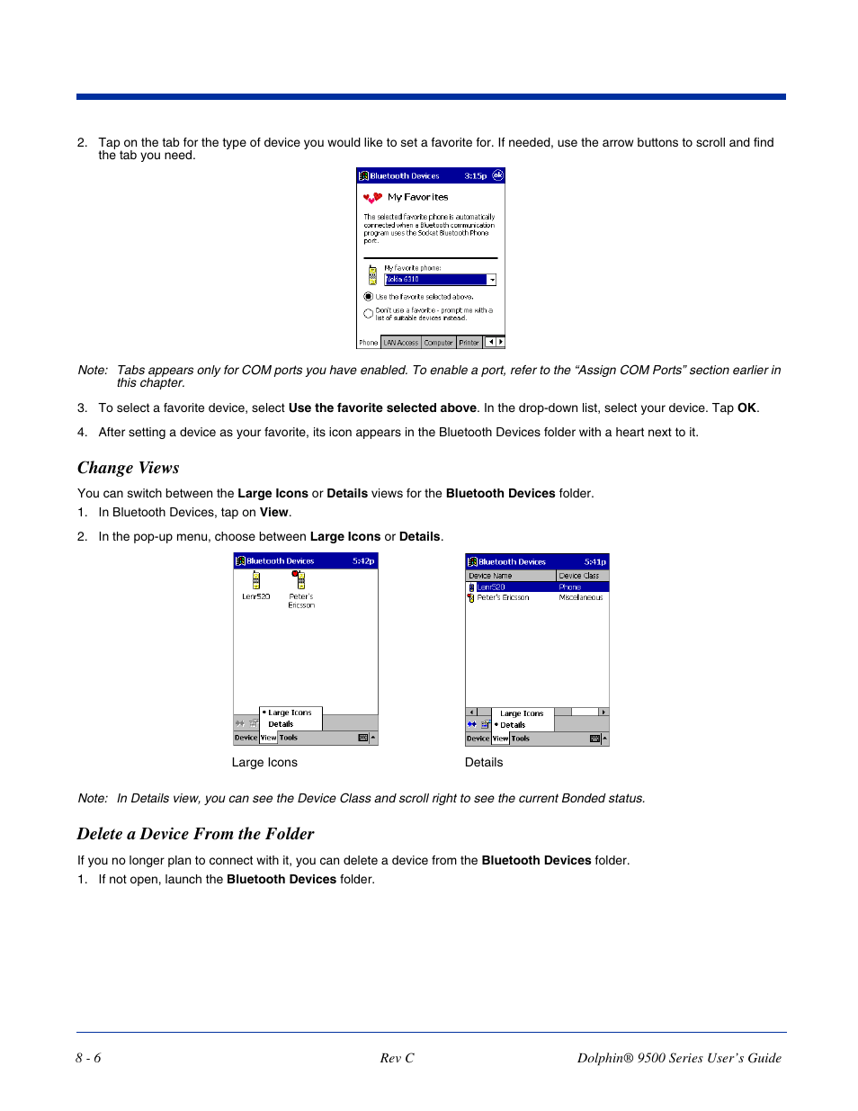 Change views, Delete a device from the folder | Dolphin Peripherals 9500 User Manual | Page 142 / 264