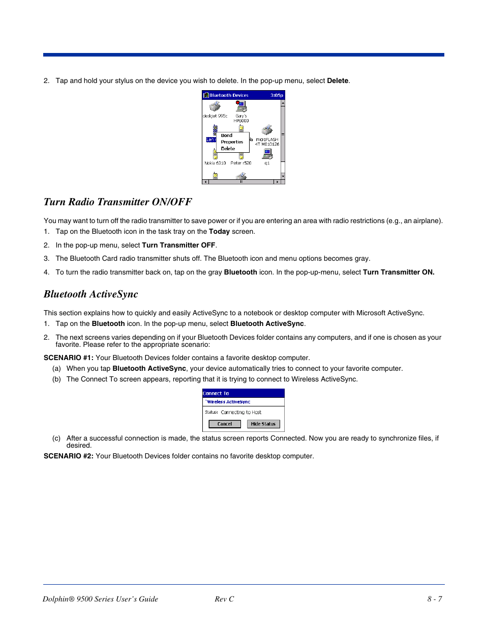 Turn radio transmitter on/off, Bluetooth activesync | Dolphin Peripherals 9500 User Manual | Page 143 / 264