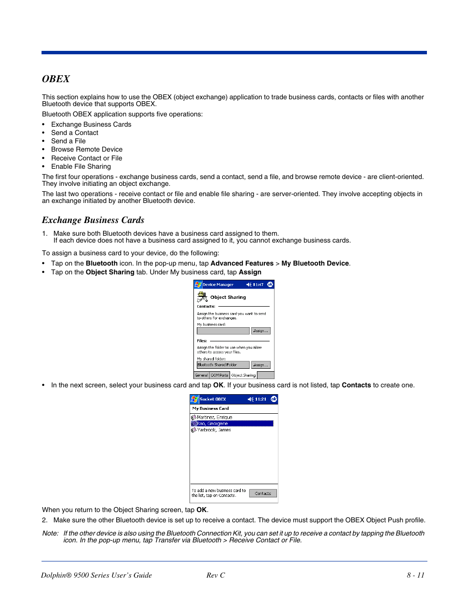 Obex, Obex -11, Exchange business cards | Dolphin Peripherals 9500 User Manual | Page 147 / 264