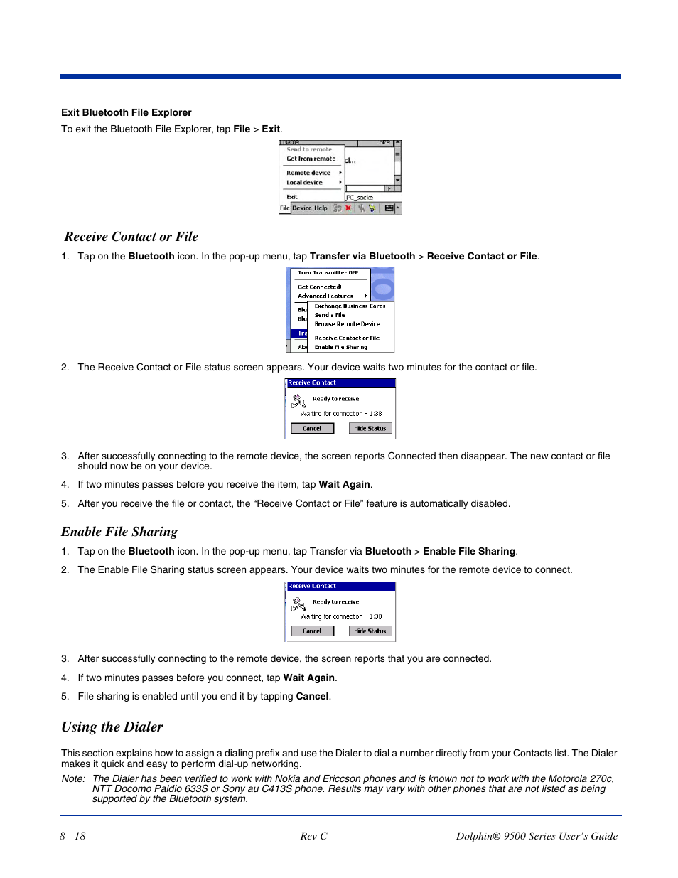 Enable file sharing, Using the dialer, Enable file sharing -18 | Using the dialer -18, Receive contact or file | Dolphin Peripherals 9500 User Manual | Page 154 / 264