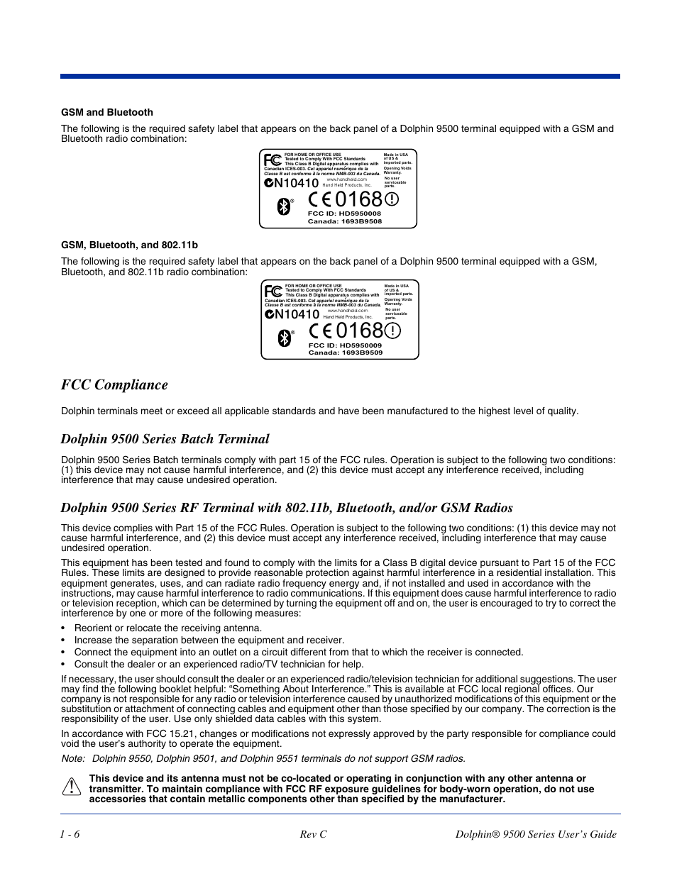Fcc compliance, Dolphin 9500 series batch terminal | Dolphin Peripherals 9500 User Manual | Page 16 / 264