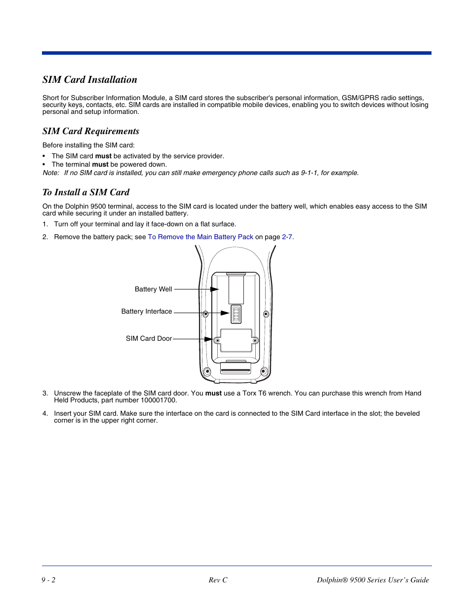 Sim card installation, Sim card requirements, Sim card installation -2 | Sim card requirements -2 | Dolphin Peripherals 9500 User Manual | Page 162 / 264