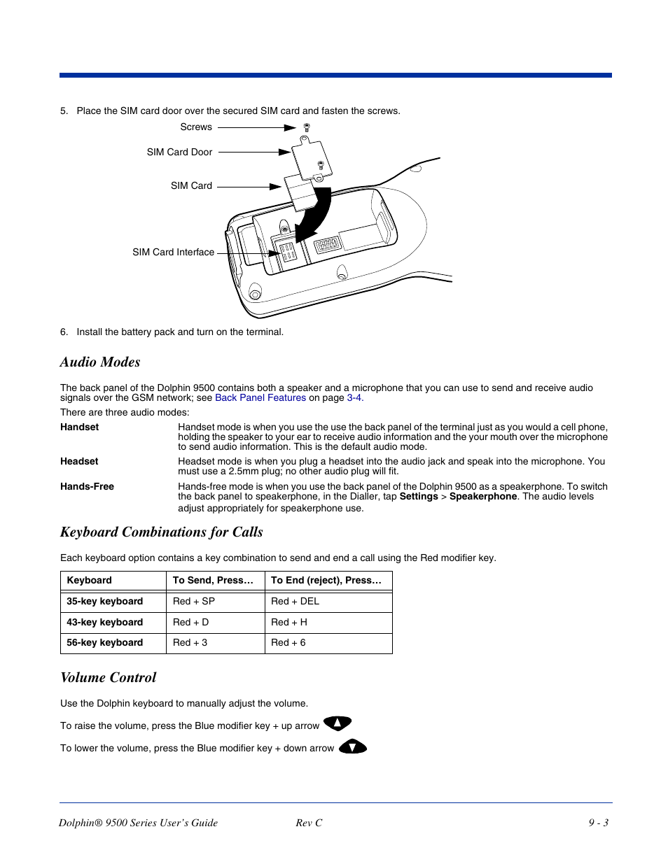 Audio modes, Keyboard combinations for calls, Volume control | Radio. for more information about handset use, see, Communication; see | Dolphin Peripherals 9500 User Manual | Page 163 / 264