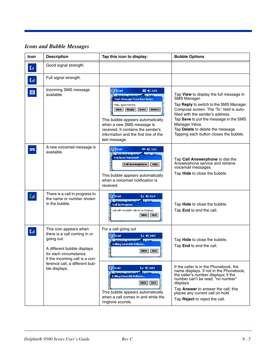 Icons and bubble messages | Dolphin Peripherals 9500 User Manual | Page 165 / 264