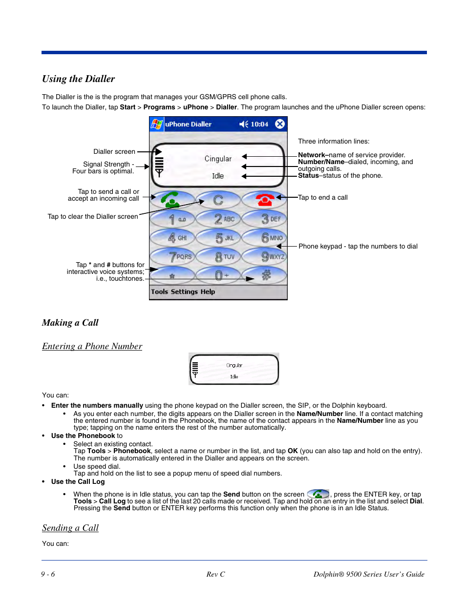 Using the dialler, Making a call, Using the dialler -6 | Making a call -6, Making a call entering a phone number, Sending a call | Dolphin Peripherals 9500 User Manual | Page 166 / 264