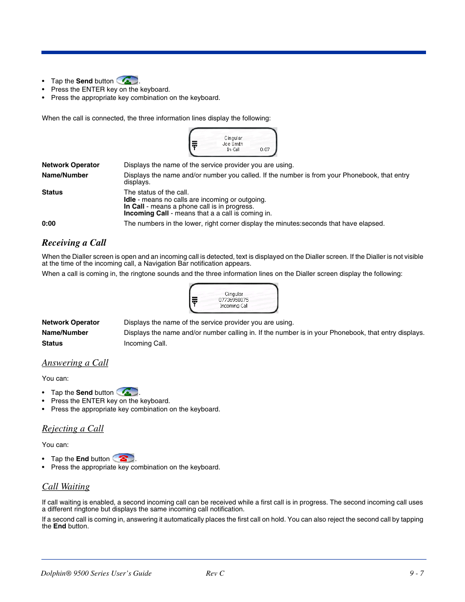 Receiving a call, Receiving a call -7, Answering a call | Rejecting a call, Call waiting | Dolphin Peripherals 9500 User Manual | Page 167 / 264