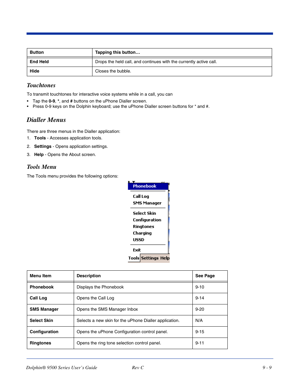 Touchtones, Tools menu, Touchtones -9 tools menu -9 | Dialler menus | Dolphin Peripherals 9500 User Manual | Page 169 / 264