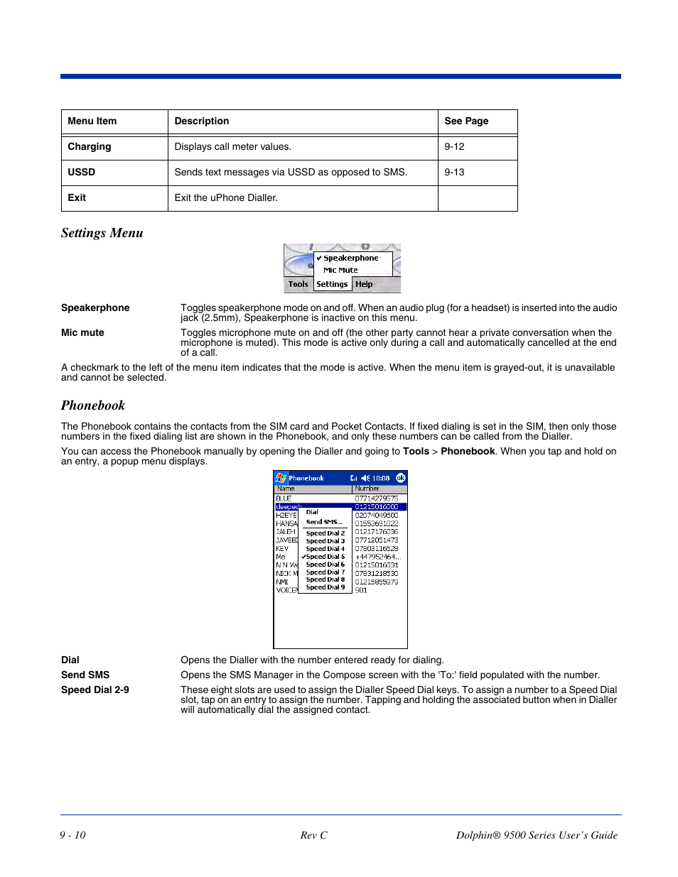 Settings menu, Phonebook, Settings menu -10 phonebook -10 | Dolphin Peripherals 9500 User Manual | Page 170 / 264