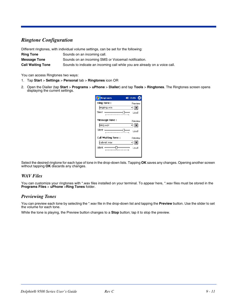 Ringtone configuration, Ringtone configuration -11, Wav files | Previewing tones | Dolphin Peripherals 9500 User Manual | Page 171 / 264