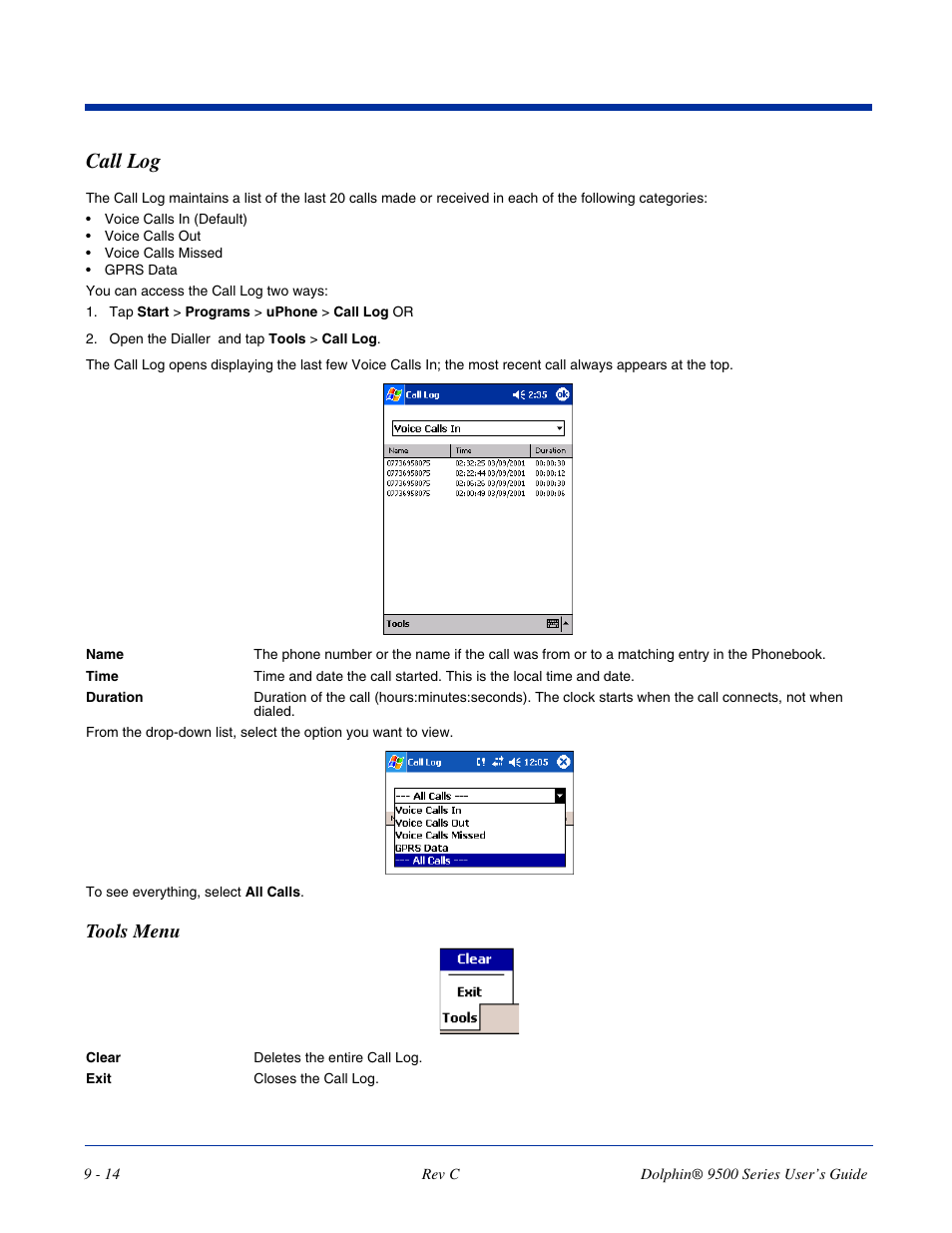 Call log, Call log -14, Tools menu | Dolphin Peripherals 9500 User Manual | Page 174 / 264