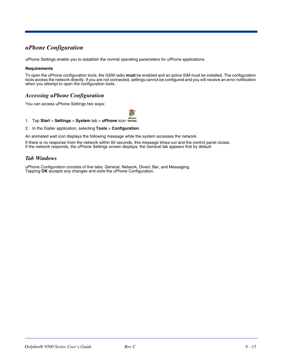 Uphone configuration, Uphone configuration -15, Accessing uphone configuration | Tab windows | Dolphin Peripherals 9500 User Manual | Page 175 / 264