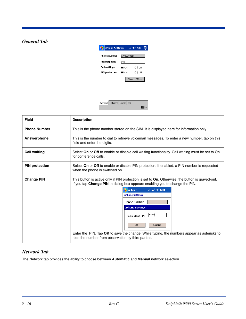 General tab network tab | Dolphin Peripherals 9500 User Manual | Page 176 / 264