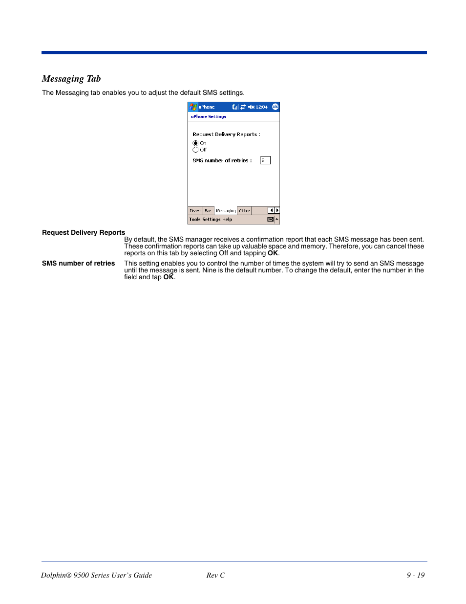 Messaging tab | Dolphin Peripherals 9500 User Manual | Page 179 / 264