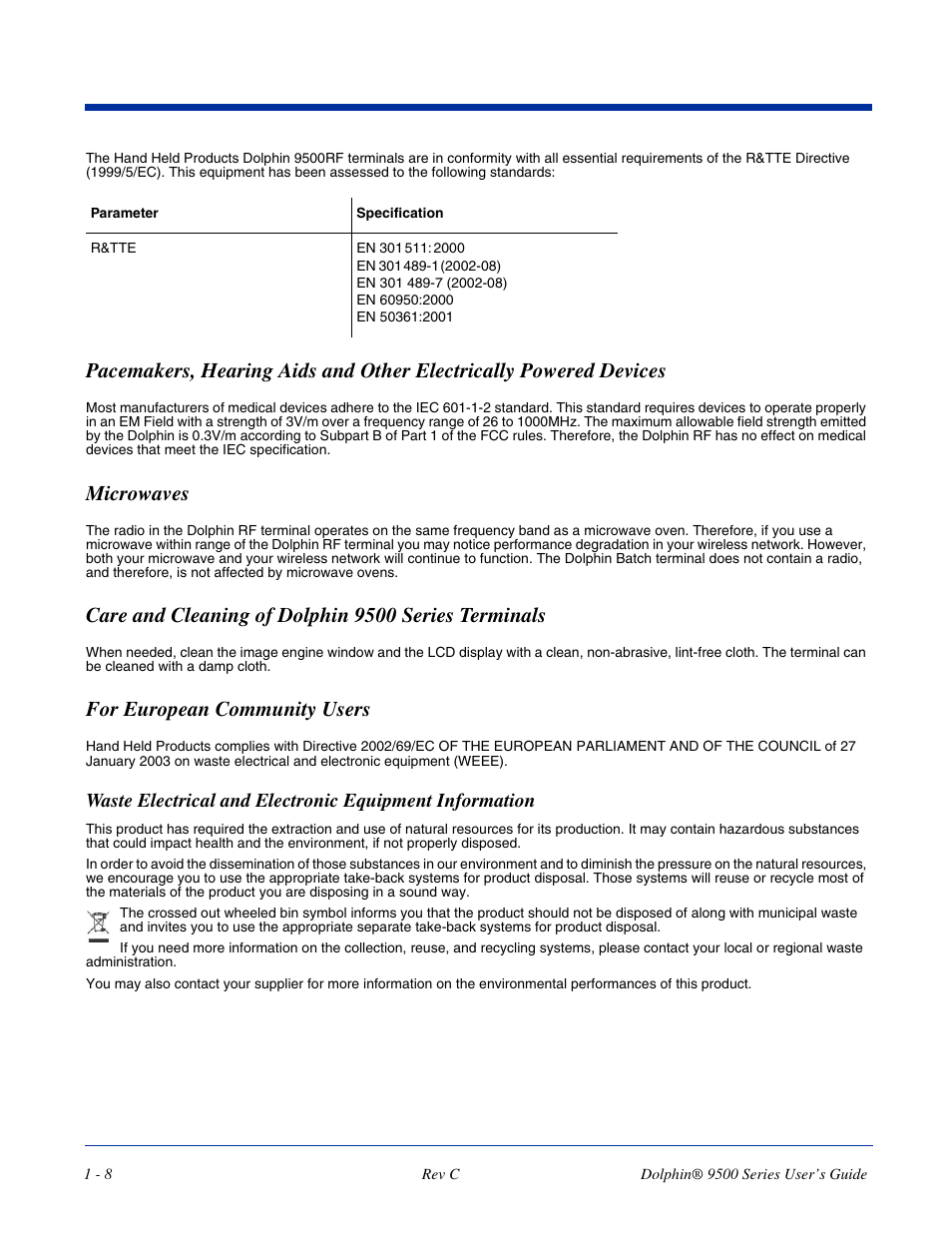 Microwaves, Care and cleaning of dolphin 9500 series terminals, For european community users | Dolphin Peripherals 9500 User Manual | Page 18 / 264