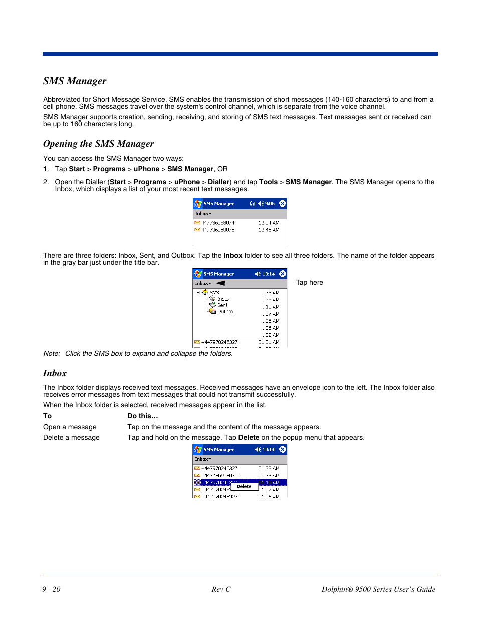 Sms manager, Inbox, Sms manager -20 | Inbox -20, Opening the sms manager | Dolphin Peripherals 9500 User Manual | Page 180 / 264