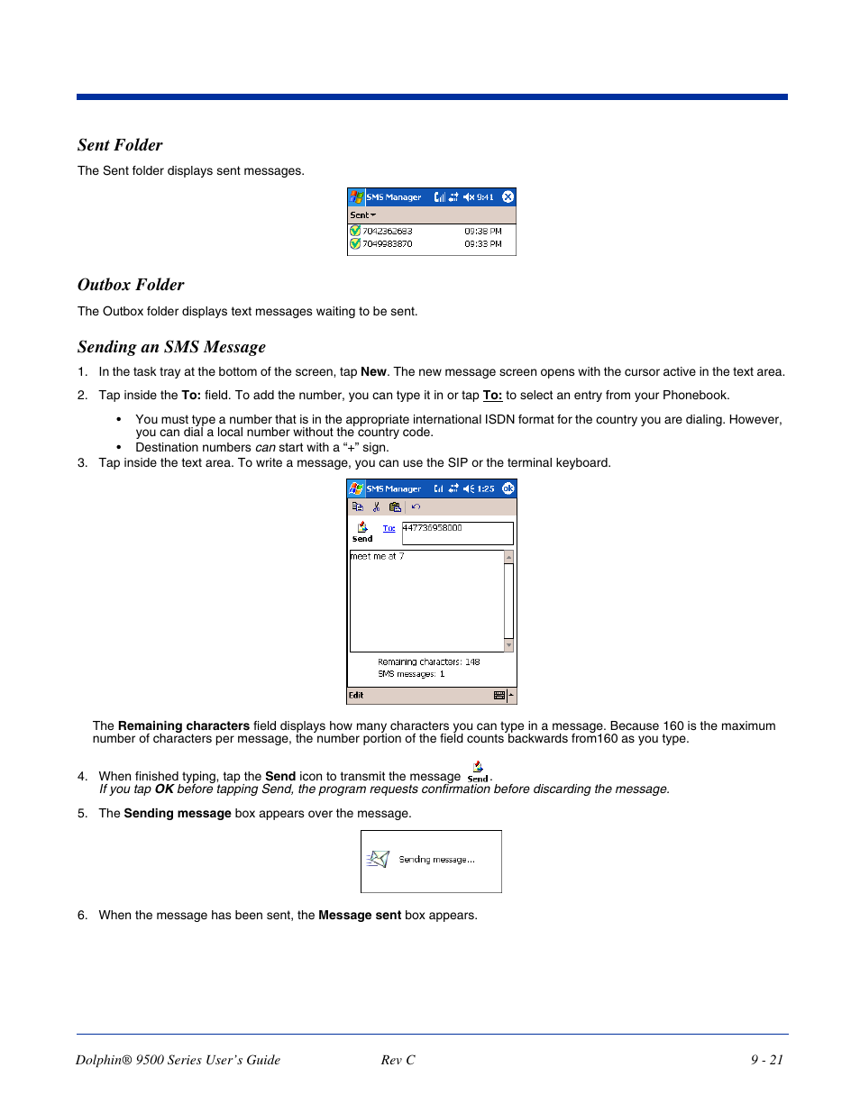 Sending an sms message, Sending an sms message -21, Sent folder | Outbox folder | Dolphin Peripherals 9500 User Manual | Page 181 / 264
