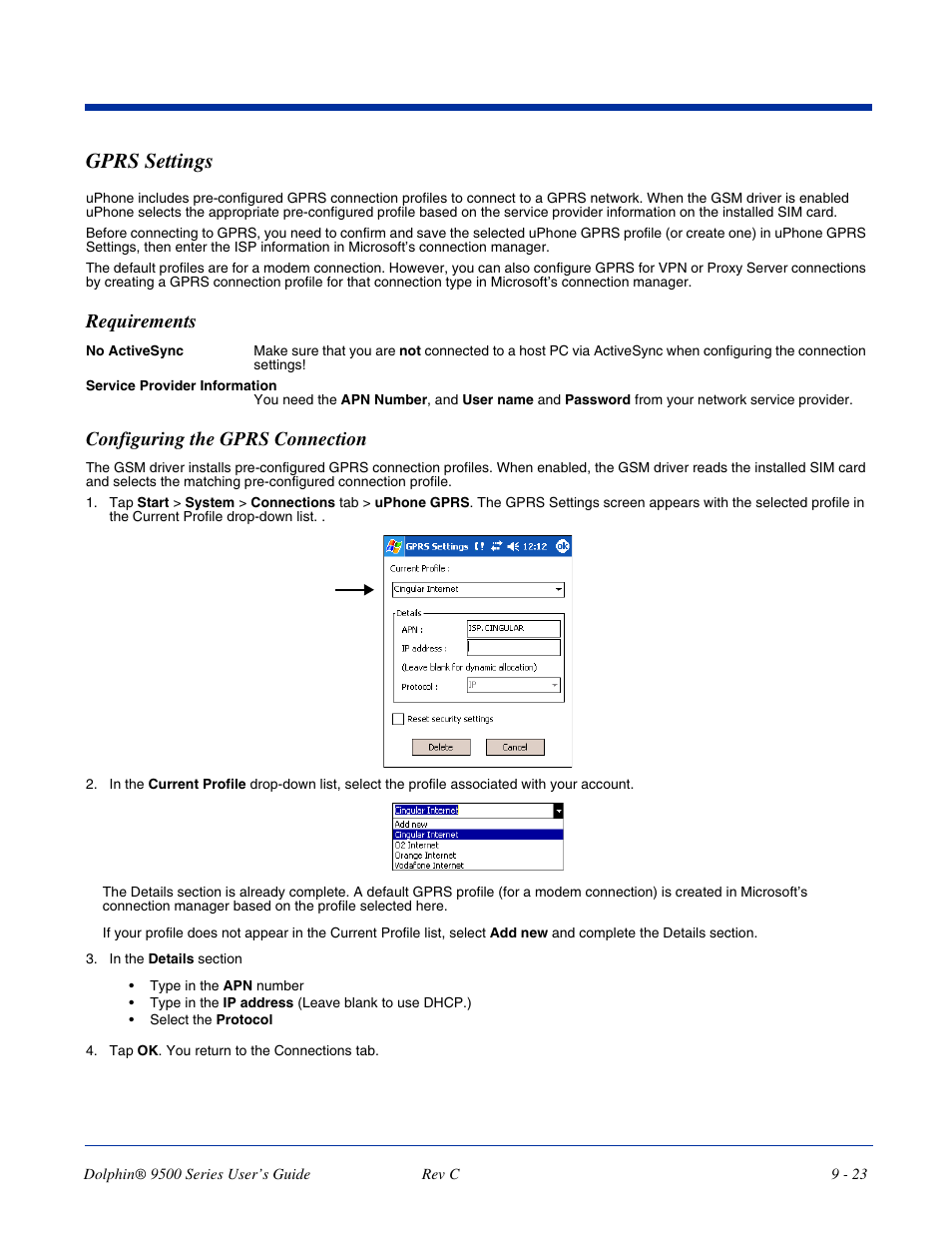 Gprs settings, Gprs settings -23, Requirements | Configuring the gprs connection | Dolphin Peripherals 9500 User Manual | Page 183 / 264