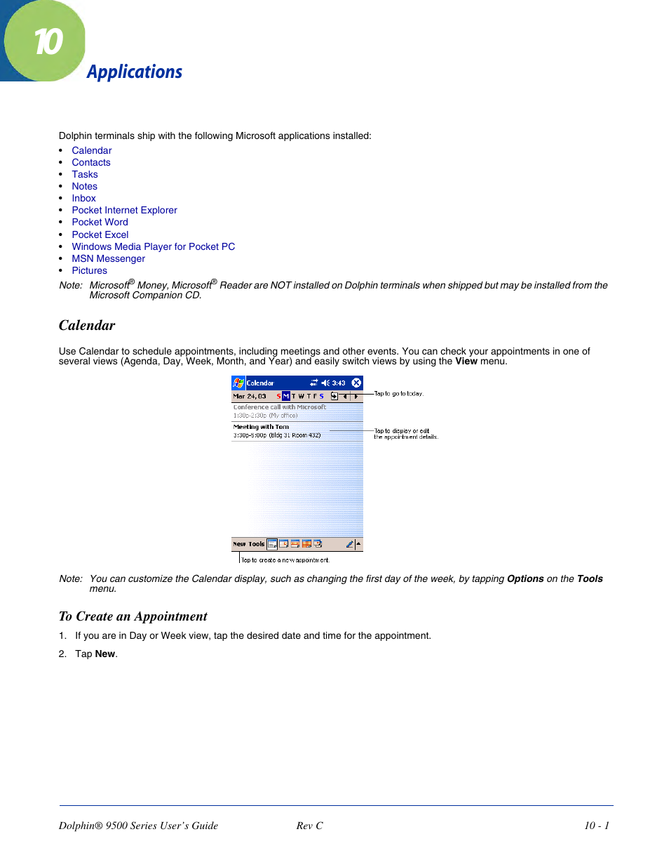 Applications, Calendar, Chapter 10 - applications | Calendar -1 | Dolphin Peripherals 9500 User Manual | Page 187 / 264