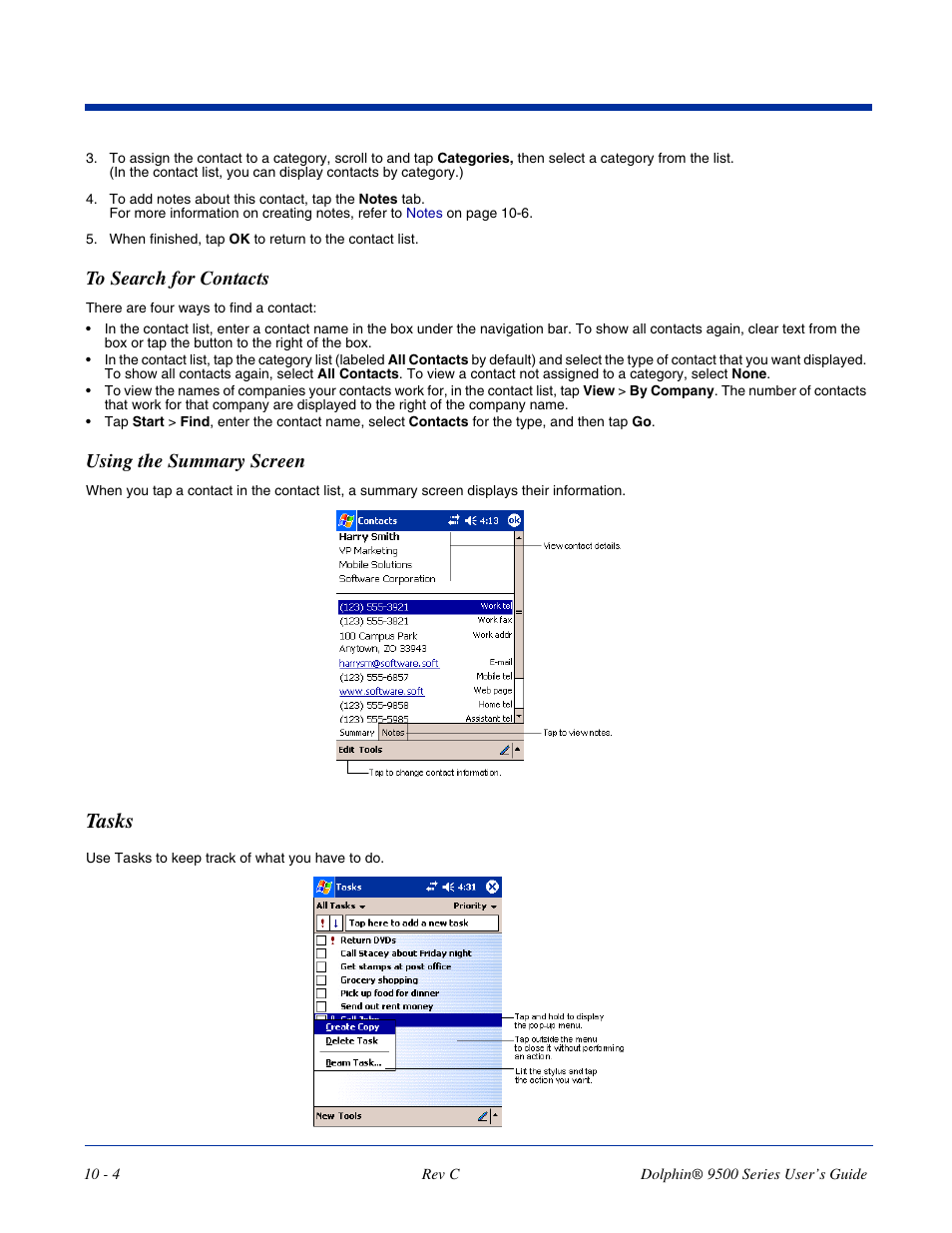 Tasks, Tasks -4, Using the summary screen | Dolphin Peripherals 9500 User Manual | Page 190 / 264