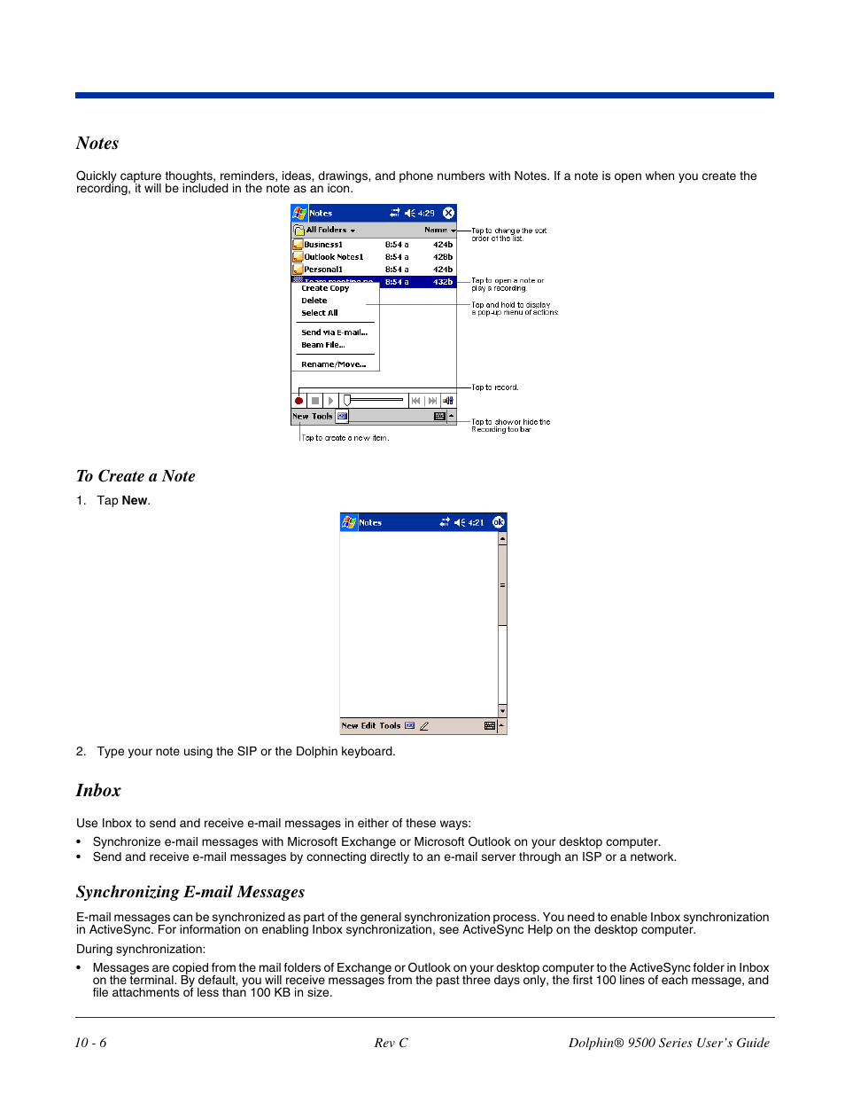 Notes, Inbox, Notes -6 inbox -6 | Explorer. for more information, see, Eating notes, refer to, Synchronizing e-mail messages | Dolphin Peripherals 9500 User Manual | Page 192 / 264