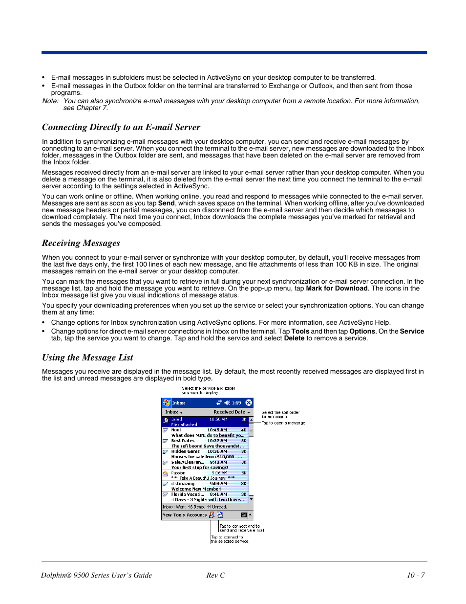 Connecting directly to an e-mail server, Receiving messages, Using the message list | Dolphin Peripherals 9500 User Manual | Page 193 / 264