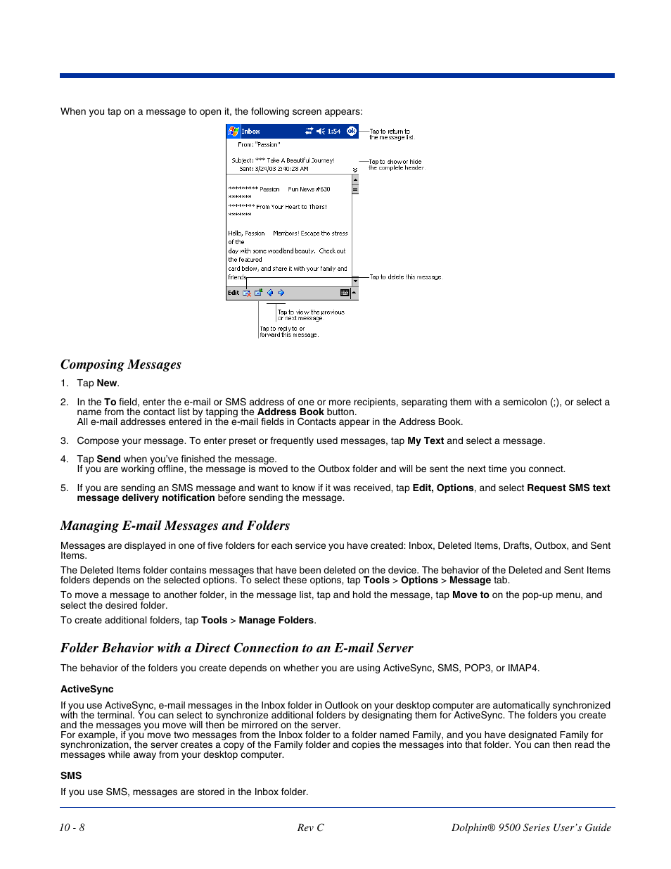 Composing messages, Managing e-mail messages and folders | Dolphin Peripherals 9500 User Manual | Page 194 / 264