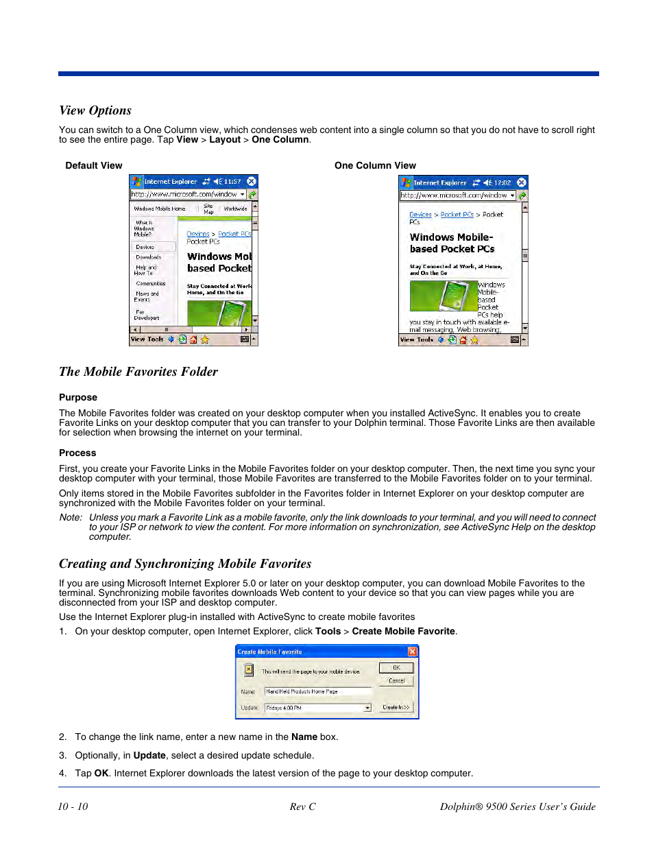 An tap one of them to start browsing. see, The mobile favorites folder, View options | Creating and synchronizing mobile favorites | Dolphin Peripherals 9500 User Manual | Page 196 / 264