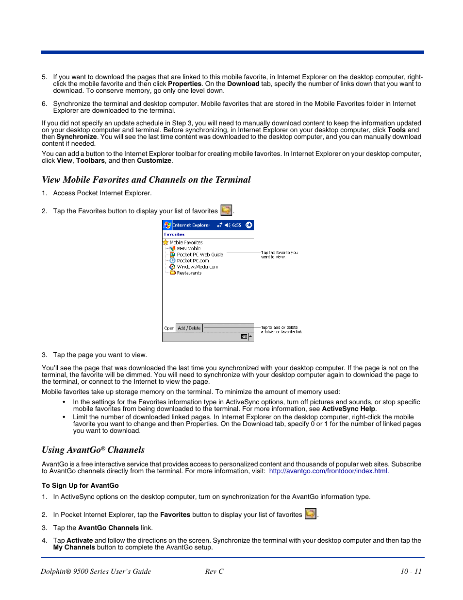 View mobile favorites and channels on the terminal, Using avantgo, Channels | Dolphin Peripherals 9500 User Manual | Page 197 / 264