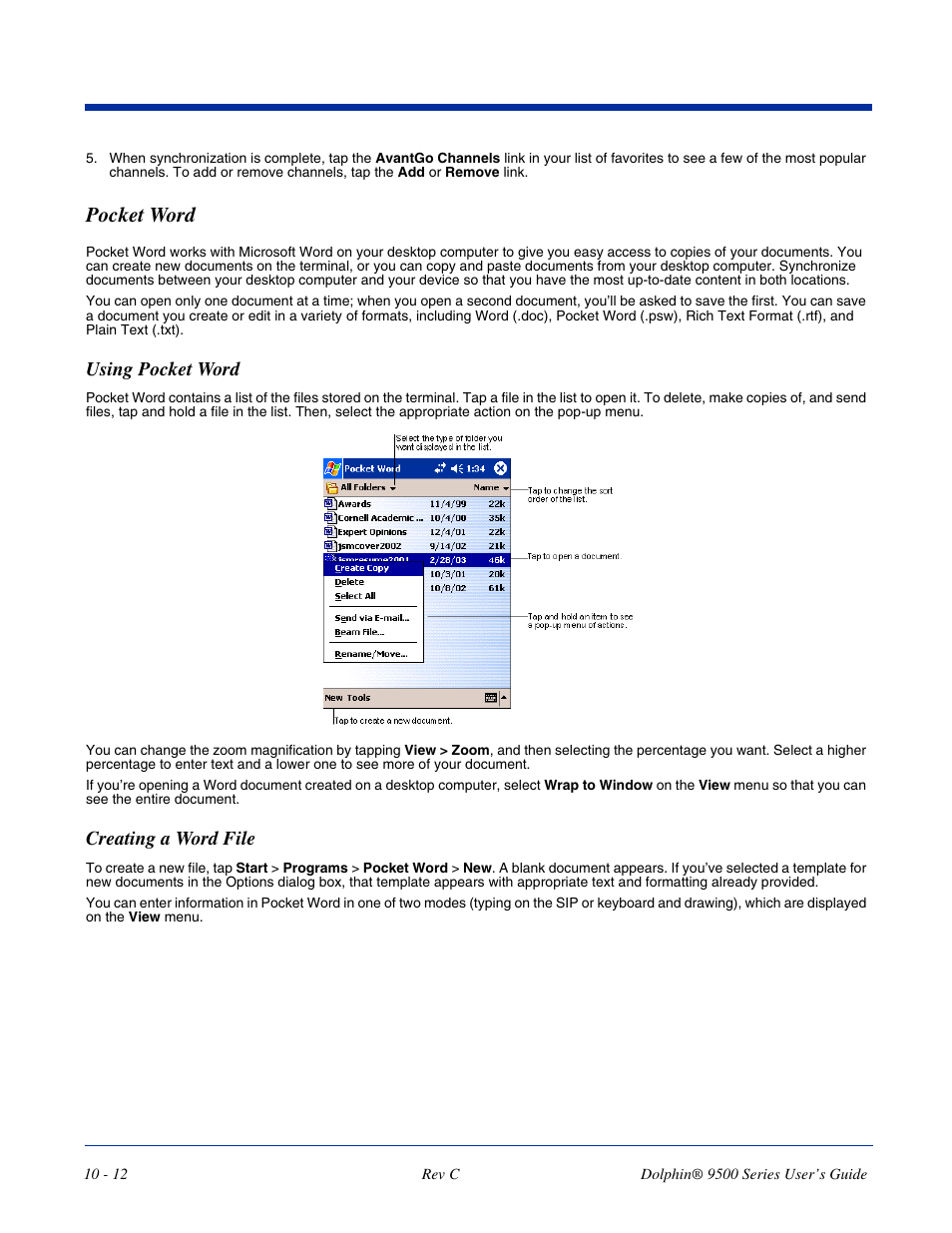 Pocket word, Pocket word -12, Using pocket word | Creating a word file | Dolphin Peripherals 9500 User Manual | Page 198 / 264