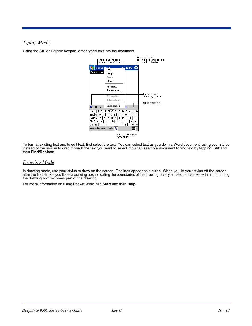 Typing mode, Drawing mode | Dolphin Peripherals 9500 User Manual | Page 199 / 264