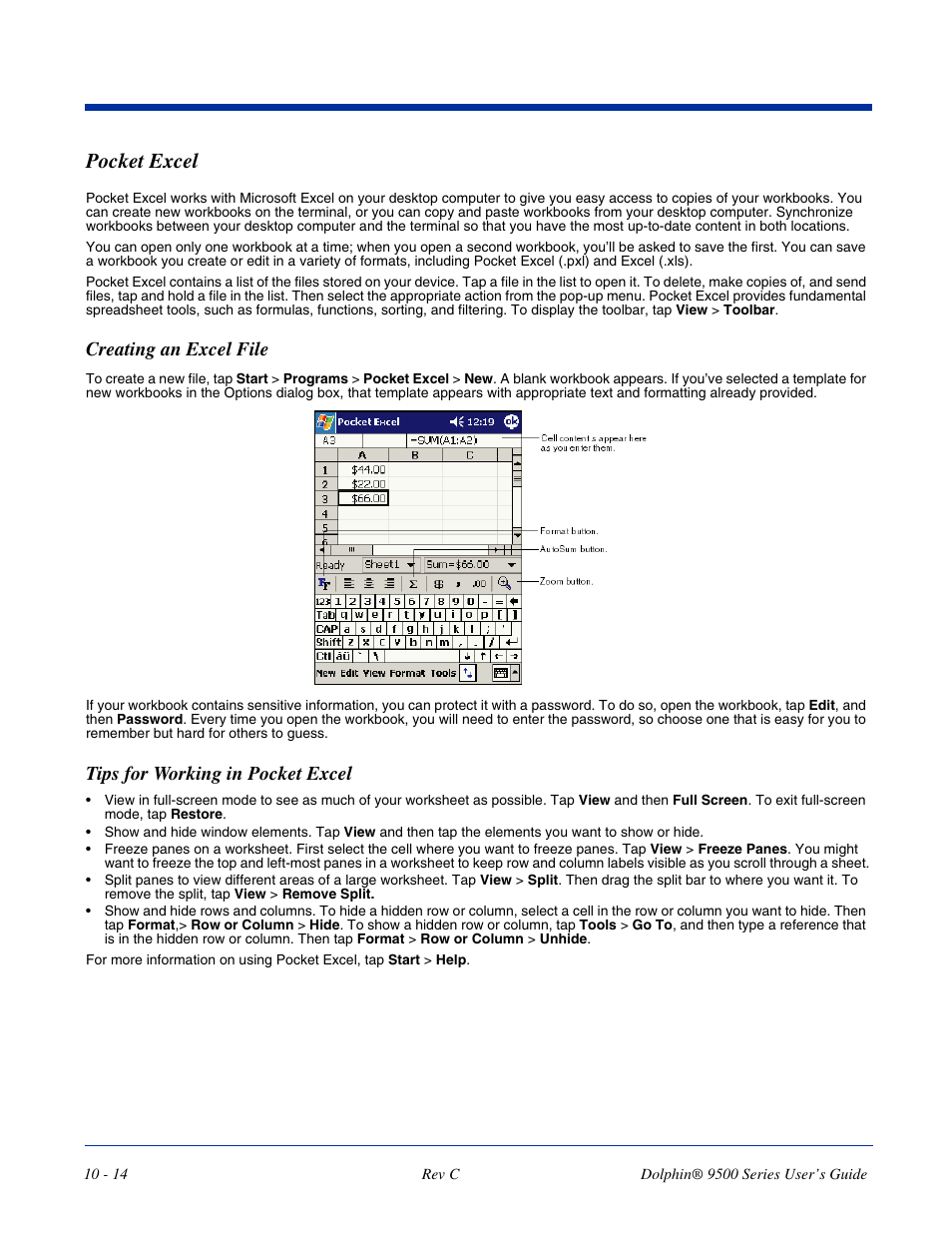 Pocket excel, Pocket excel -14, Creating an excel file | Tips for working in pocket excel | Dolphin Peripherals 9500 User Manual | Page 200 / 264