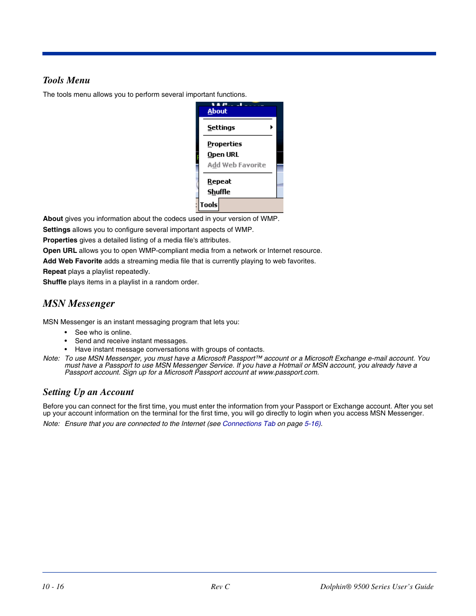 Msn messenger, Msn messenger -16, Tools menu | Setting up an account | Dolphin Peripherals 9500 User Manual | Page 202 / 264