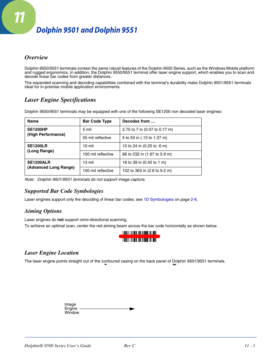 Dolphin 9501 and dolphin 9551, Overview, Laser engine specifications | Chapter 11 - dolphin 9501 and dolphin 9551, Overview -1 laser engine specifications -1, Ser engines. for details, see, Lphin 9501 and dolphin 9551, see, For more information, see | Dolphin Peripherals 9500 User Manual | Page 205 / 264