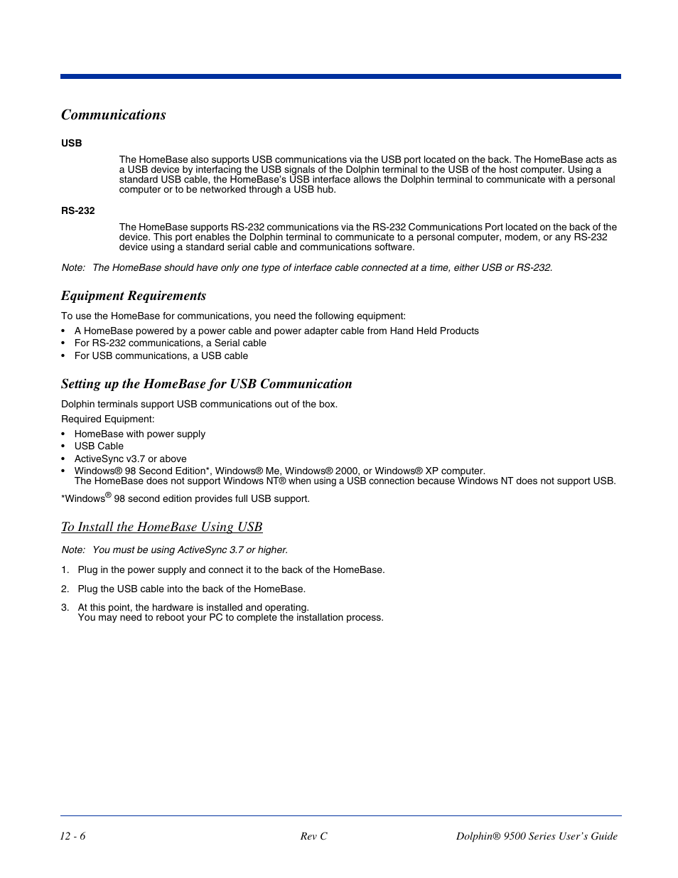 Communications, Setting up the homebase for usb communication, Communications -6 | Setting up the homebase for usb communication -6, Equipment requirements | Dolphin Peripherals 9500 User Manual | Page 218 / 264