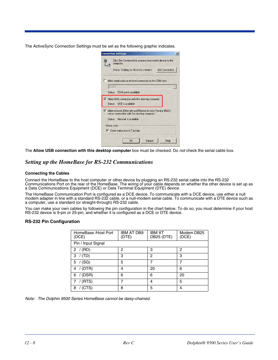 Setting up the homebase for rs-232 communications | Dolphin Peripherals 9500 User Manual | Page 220 / 264