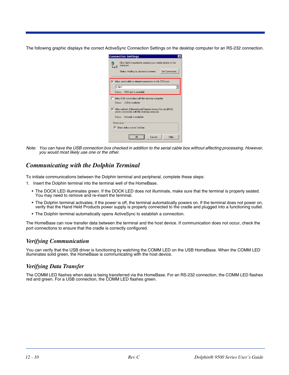 Communicating with the dolphin terminal, Verifying communication, Verifying data transfer | Communicating with the dolphin terminal -10 | Dolphin Peripherals 9500 User Manual | Page 222 / 264