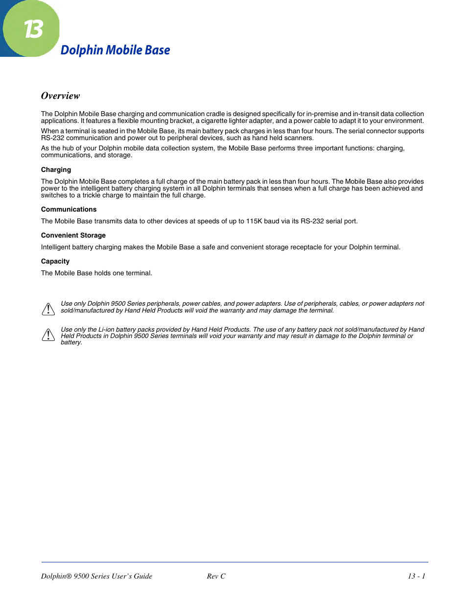 Dolphin mobile base, Overview, Chapter 13 - dolphin mobile base | Overview -1, For more information, see | Dolphin Peripherals 9500 User Manual | Page 225 / 264