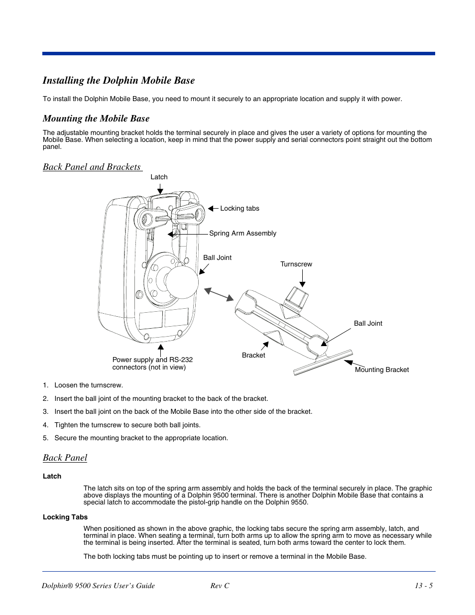 Installing the dolphin mobile base, Mounting the mobile base, Installing the dolphin mobile base -5 | Mounting the mobile base -5, Back panel and brackets, Back panel | Dolphin Peripherals 9500 User Manual | Page 229 / 264