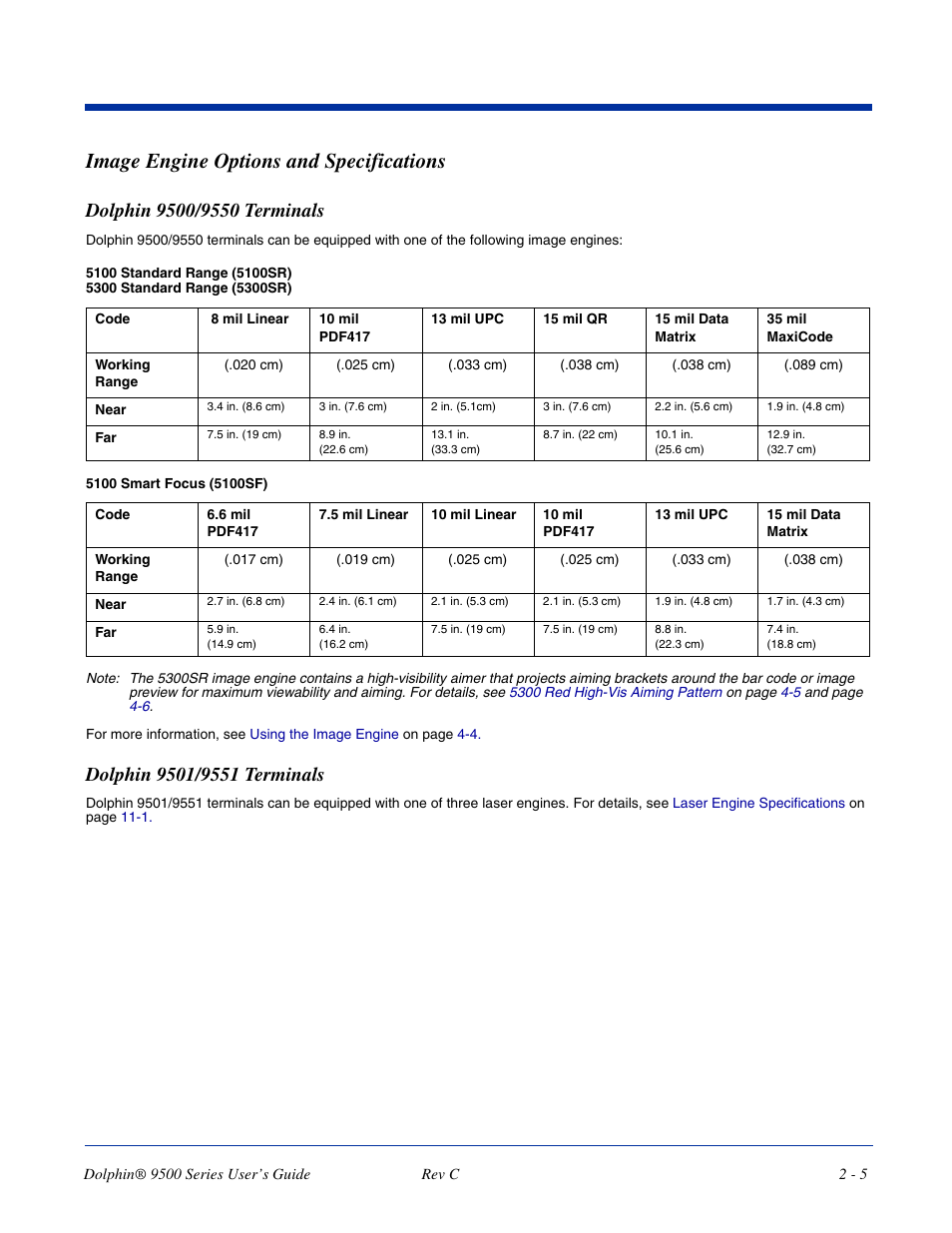 Image engine options and specifications, Dolphin 9500/9550 terminals, Dolphin 9501/9551 terminals | Image engine options and specifications -5 | Dolphin Peripherals 9500 User Manual | Page 23 / 264