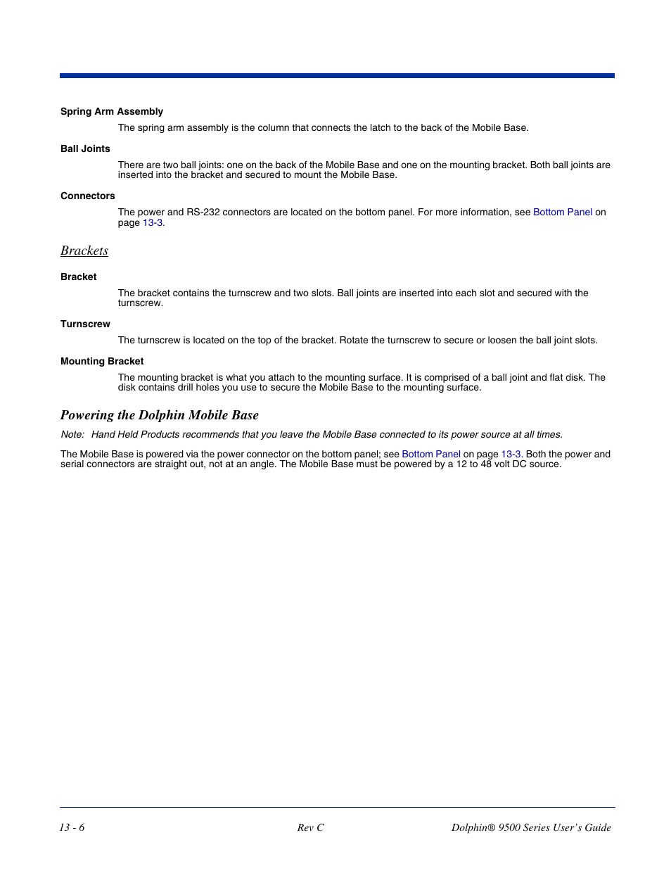 Powering the dolphin mobile base, Powering the dolphin mobile base -6, Brackets | Dolphin Peripherals 9500 User Manual | Page 230 / 264
