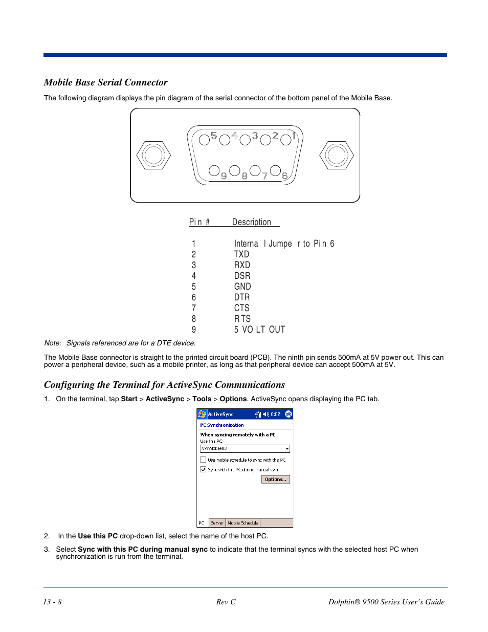 Mobile base serial connector, Ce via rs-232; see | Dolphin Peripherals 9500 User Manual | Page 232 / 264