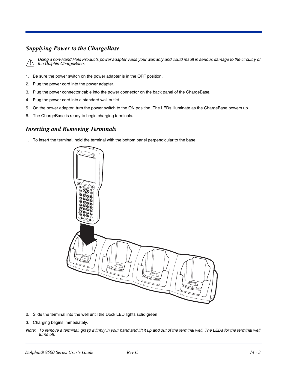 Supplying power to the chargebase, Inserting and removing terminals | Dolphin Peripherals 9500 User Manual | Page 237 / 264