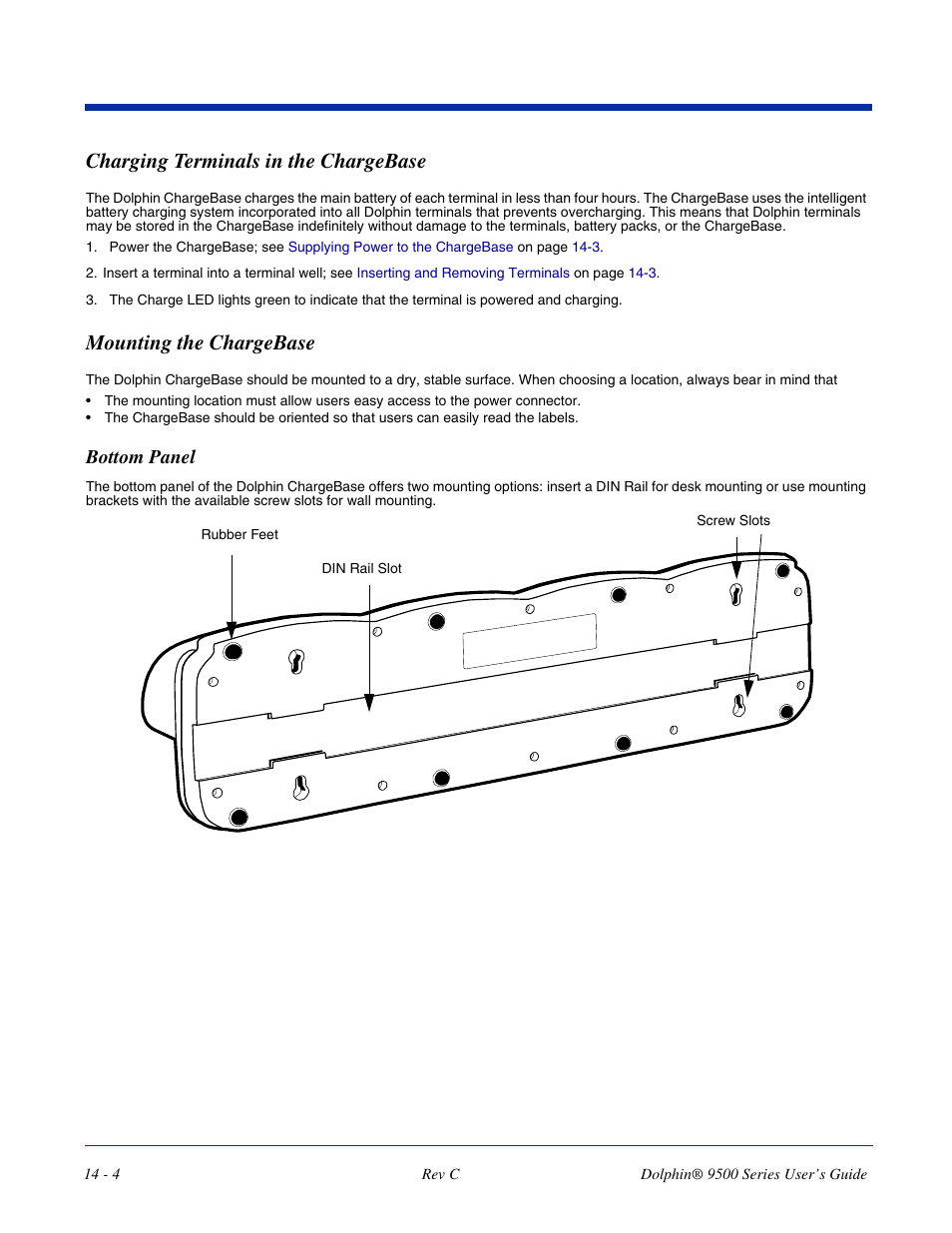 Charging terminals in the chargebase, Mounting the chargebase, Bottom panel | Bottom panel -4, Te charging. for details, see | Dolphin Peripherals 9500 User Manual | Page 238 / 264