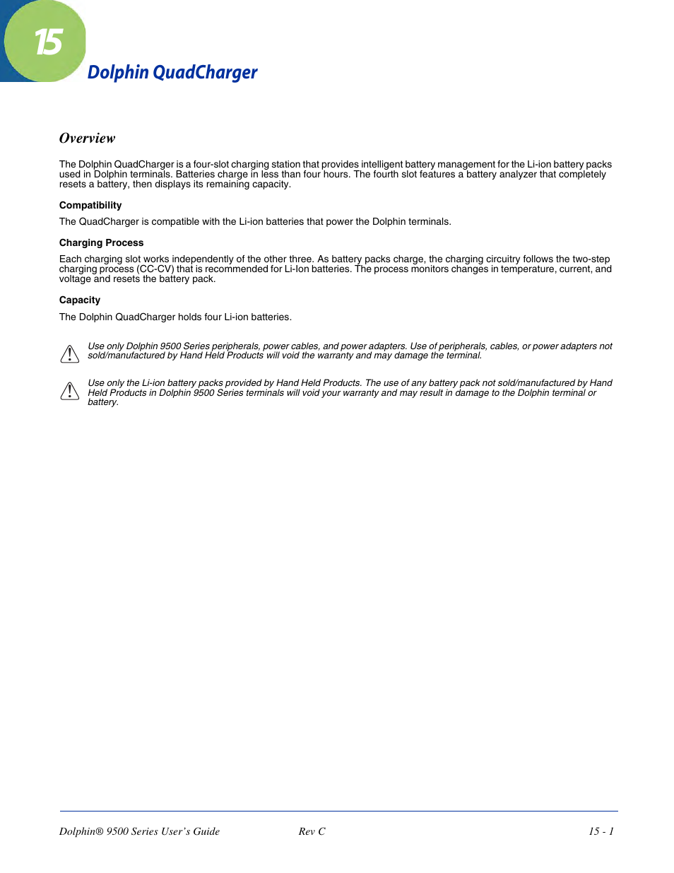 Dolphin quadcharger, Overview, Chapter 15 - dolphin quadcharger | Overview -1 | Dolphin Peripherals 9500 User Manual | Page 243 / 264