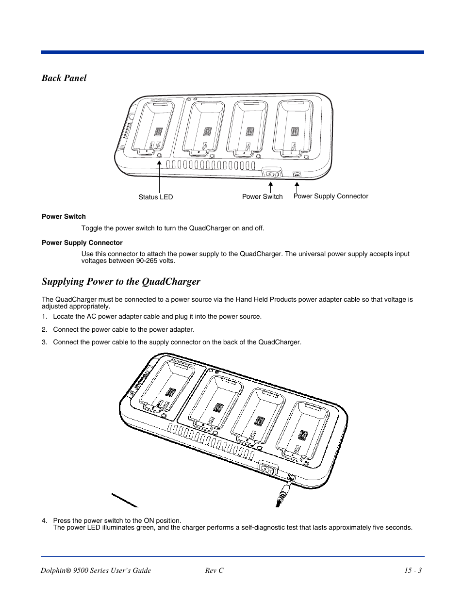 Back panel, Supplying power to the quadcharger, Back panel -3 | Supplying power to the quadcharger -3, Power supply connector power switch status led | Dolphin Peripherals 9500 User Manual | Page 245 / 264