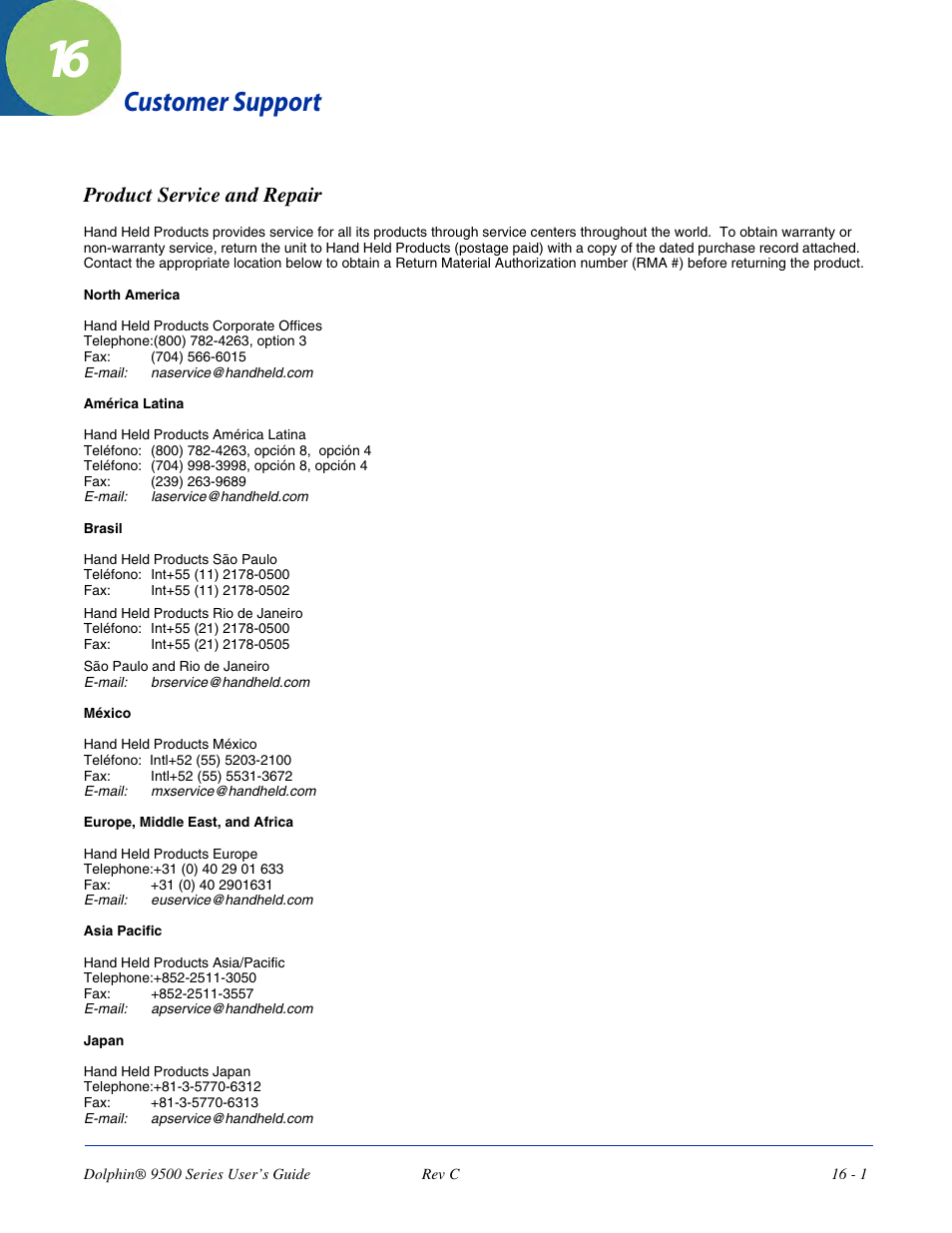 Customer support, Product service and repair, Chapter 16 - customer support | Product service and repair -1 | Dolphin Peripherals 9500 User Manual | Page 251 / 264